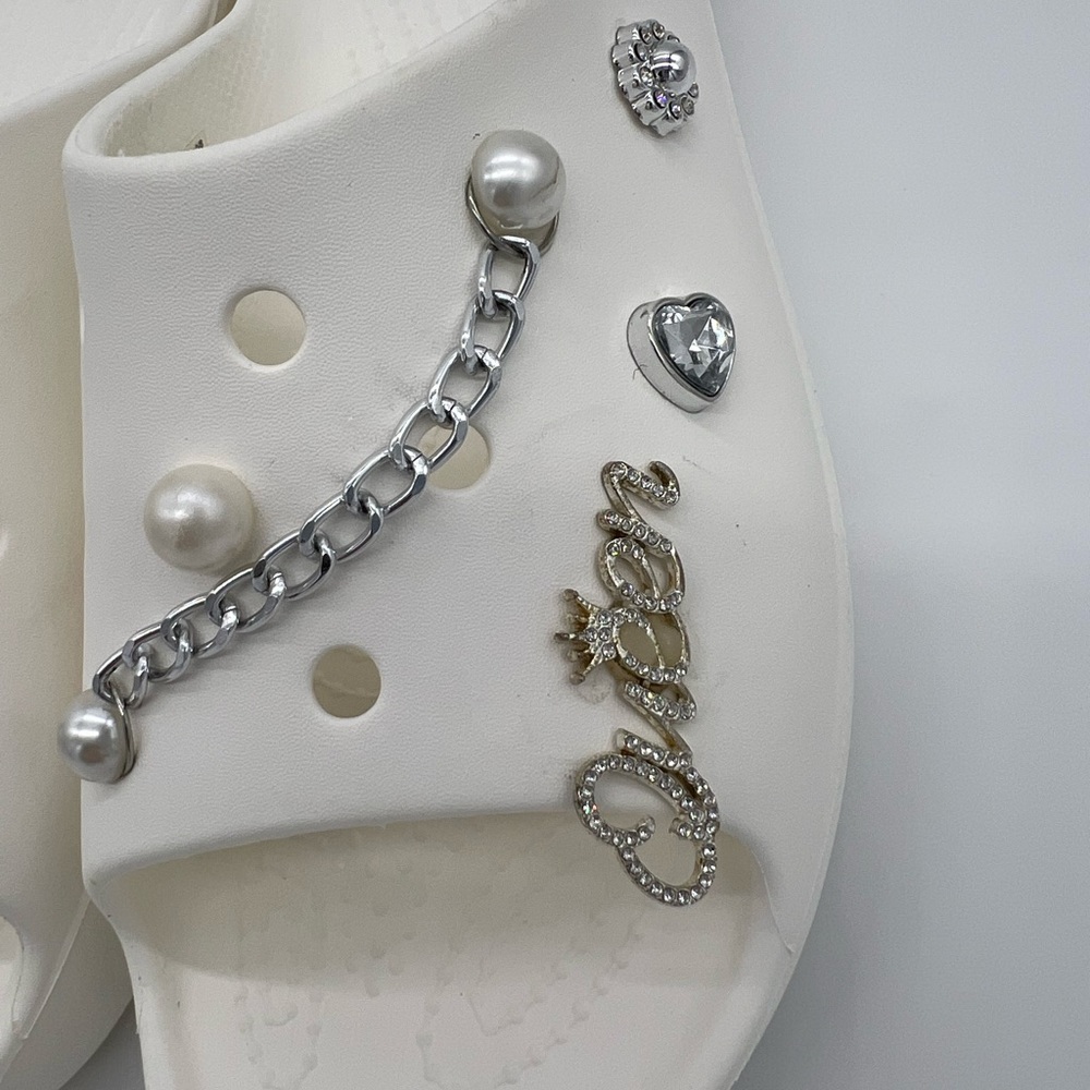 Crocs Classic White Platform Summer Slide Sandals with Silver Chain & Rhinestone - Picture 8 of 15